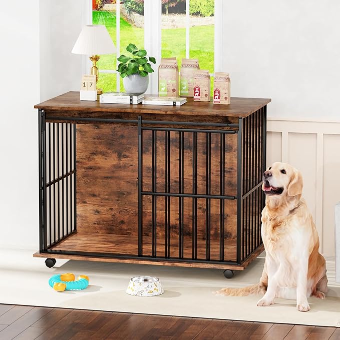 43.7" Dog Crate Furniture, XL Dog Crate Dog Kennel Indoor with Wheels for Large Medium Small Dogs, Wooden Dog Kennel End Table with Sliding Door Wooden Furniture Crates for Living Room, Bedroom-PawvioPets