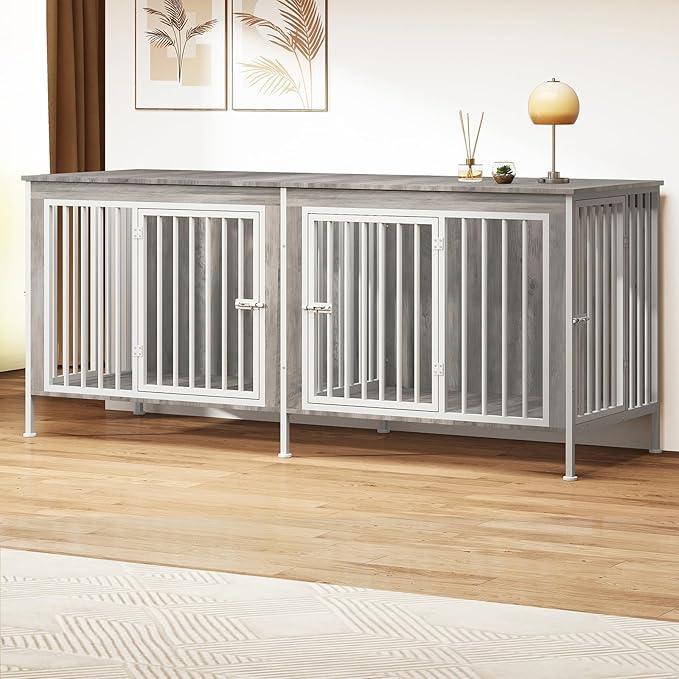 63 Inch Dog Cage Furniture for 2 Large/Medium Dogs with Removable Divider, Extra Large Double Doors Dog Kennel, XXL Thick Wooden Dog cage Furniture, Durable and Sturdy, Beige-PawvioPets