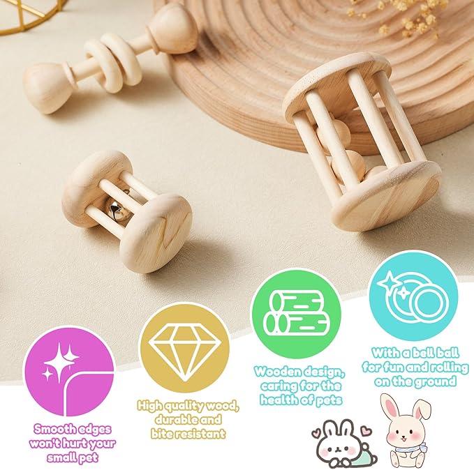 3 Pcs Wooden Bunny Toys - Safe Rabbit & Guinea Pigs Teeth Grinding Toys for Chinchillas, Hamsters & Small Animals - Indoor & Outdoor-PawvioPets