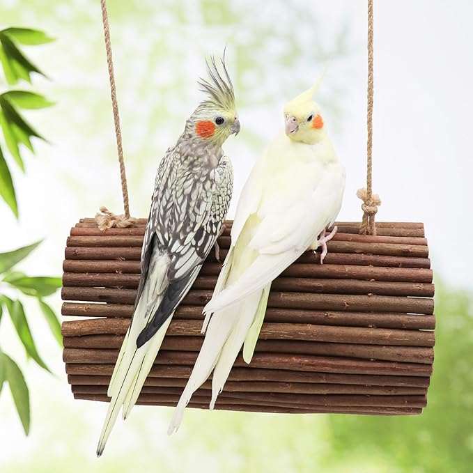 Bird Parrot Swing Toys, Hanging Bird Perch Stand, Natural Willow Wood Parrot Hammock, Bird Cage Accessories, Suitable for Little Bird Parakeets Cockatiels Lovebirds Hamster Rat (6.3" in Diameter)-PawvioPets