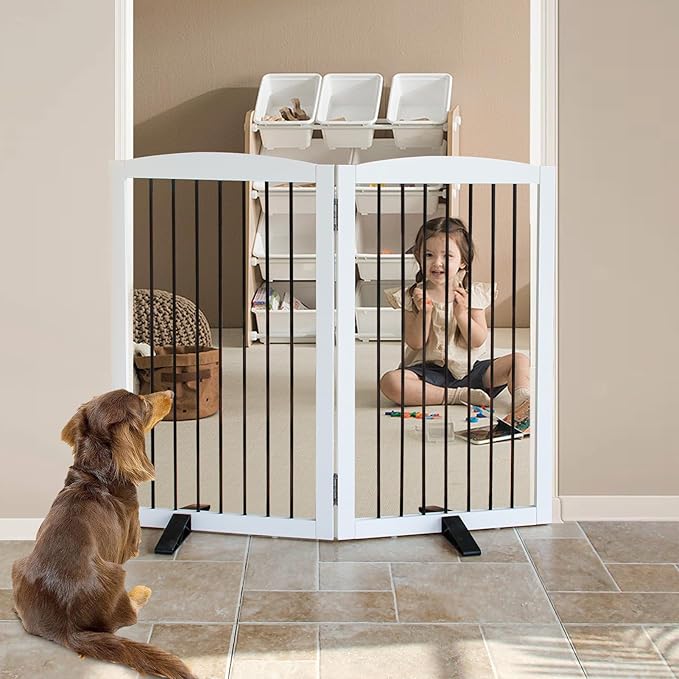Freestanding Panel Dog Gate for Indoor, Doorways,Stairs, or Hallways,Foldable Wooden Dog Gates for House,Pet Gate for Dogs,Dog Fence, Puppy Gate,Support Feet Included,32 "Height-2 Panels,White-PawvioPets