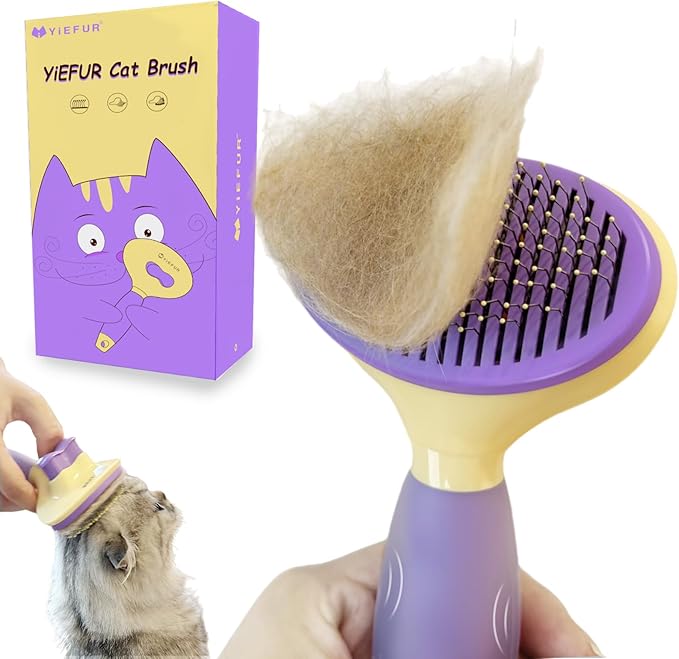 Cat Brush for Grooming and Shedding, Self-Cleaning Silicone Brush for Short and Long Haired Cats, Cat Gifts for Pet Lovers (purple)-PawvioPets
