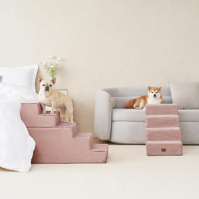 EHEYCIGA Dog Stairs for Bed 20" H, 4-Step Extra Wide Dog Steps for High Bed, Pet Steps for Small Dogs and Cats, Non-Slip Balanced Pet Ramp Indoor, Pink-PawvioPets