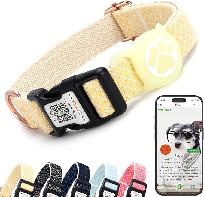 Dog Collar with Waterproof AirTag Holder & Anti-Lost QR Code, Cute Bling Warpping Adjustable Width for Small Medium Large Pet (Yellow, L)-PawvioPets