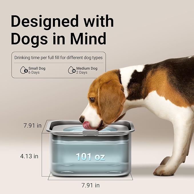 DownyPaws No Spill Water Bowl for Dogs,101oz/3L Stainless Steel Slobber Stopper, No Drip Slow Drinking Dog Water Bowl, No Mess Dog Water Dispenser Spill Proof, Dishwasher Safe, Silver-PawvioPets