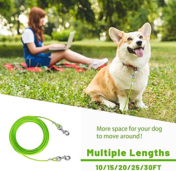Dog Tie Out Cable 10/15/20/25/30 FT Runner for Yard Steel Wire Cable with Durable Superior Clips Green Chains for Outside Dog Lead for Large Up to 165 Lbs-PawvioPets
