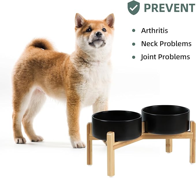 Ceramic Raised Double Bowls Set with Stand, Food & Water Bowls for Medium Breed Dogs, Weighted Dog Dishes, Pet Bowl(7.3'',41OZ, Black)-PawvioPets