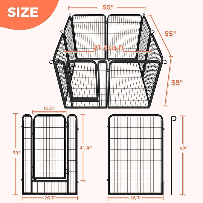 40 Inch Dog Playpen - 8 Panels Metal Pet Exercise Pen for Medium-Large Dogs, Indoor/Outdoor Dog Fence for Yard, Garden, Camping & RV Travel-PawvioPets
