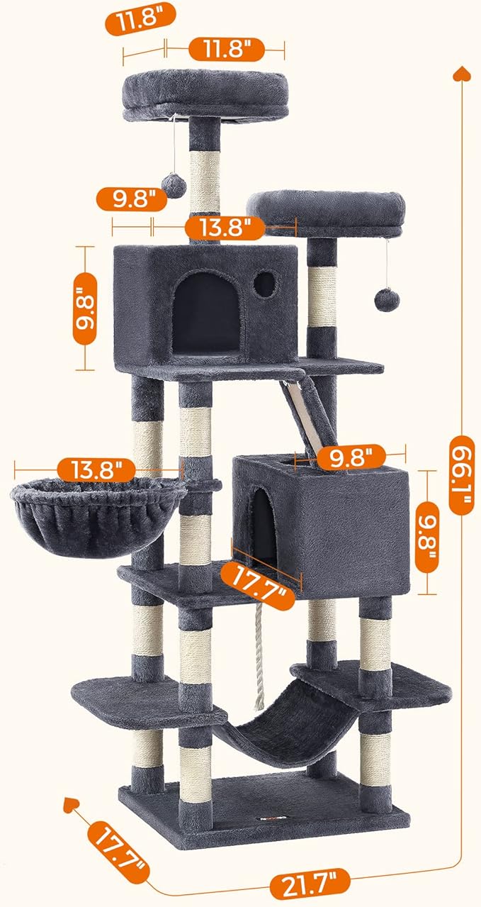 Feandrea Cat Tree, 66.1-Inch Large Cat Tower with 13 Scratching Posts, 2 Perches, 2 Caves, Basket, Hammock, Pompoms, Multi-Level Plush Cat Condo for Indoor Cats, Smoky Gray UPCT165G01-PawvioPets