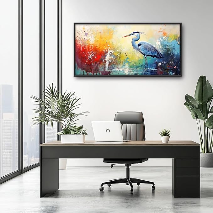 Extra Large Framed Abstract Heron Wall Art,Oversized Colorful Graffiti Heron Wall Decor Pictures for Living Room,Canvas Print Painting Modern Artwork Bedroom Office Bathroom Home Decor 60L x 30W-PawvioPets