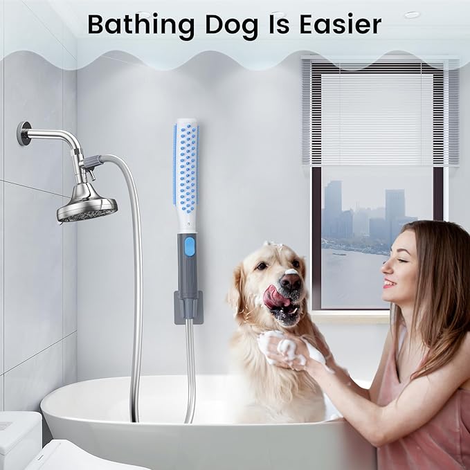Dog Shower Attachment, Dog Washing Hose Attachment with Metal T-Diverter, Dog Bathing Supplies with 3 Spray Modes & One-Button ON/OFF Indoor and Outdoor Sprayer 8-Foot Hose-PawvioPets