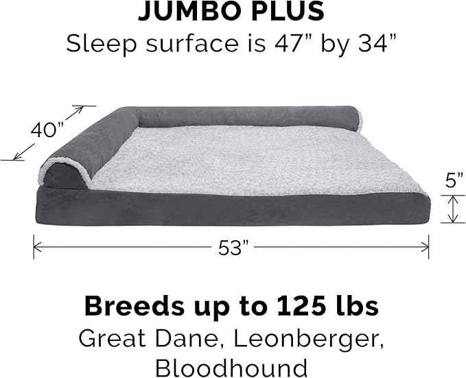 Furhaven Cooling Gel Dog Bed for Large Dogs w/ Removable Bolsters & Washable Cover, For Dogs Up to 125 lbs - Two-Tone Plush Faux Fur & Suede L Shaped Chaise - Stone Gray, Jumbo Plus/XXL-PawvioPets