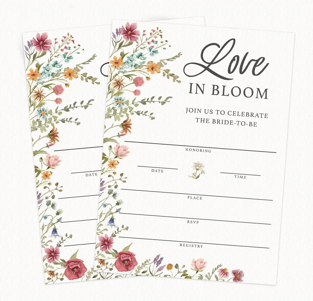 Printed Party Bridal Shower Invitations and Envelopes, Wildflower Theme, Love In Bloom Design, Set of 30