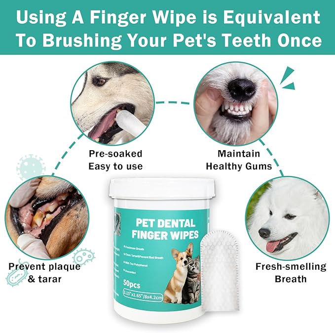 Dog Teeth Dental Finger Wipes for Dogs & Cats No-Rinse Dog Finger Toothbrush Dog Plaque & Tartar Prevention with Brushing Beads Dog Breath Freshene 50pcs-PawvioPets