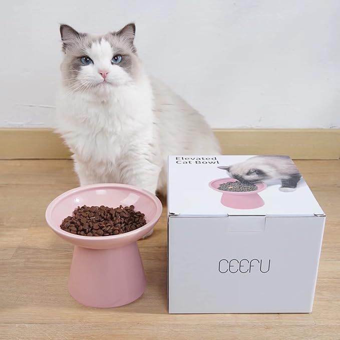 Extra Wide Elevated Ceramic Cat Food Bowl - 6.2" Shallow Dish for Whisker Fatigue Relief, 5" Height for Easy Feeding, Lead & Cadmium Free, Durable Raised Cat Food Bowls, Pink-PawvioPets