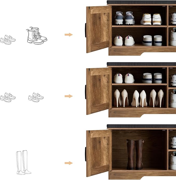 2-Tier Storage Bench, Shoe Bench with Padded Seat Cushion, Entryway Bench with 2 Barn Doors, Adjustable Shelf, 13.8" D x 39.4" W x 17.7" H, for Entryway, Living Room, Bedroom, Rustic Walnut-PawvioPets