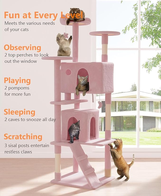 77'' Cat Tree Tower for Indoor Cats Large Adult, Cute/Tall Modern Cat Tree for Big Cats 20 lbs, Plush Multi-Level Cat Condo with Scratching Posts,Dangling Ball (Soft Pink, 77 inch)-PawvioPets