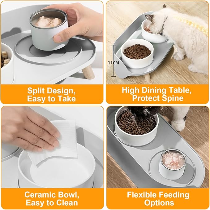 Elevated Dog Bowls Set, Ceramic Pet Food & Water Bowls with Non-Slip Stand, No Spill Design for Cats/Small Medium Dogs Gray-PawvioPets