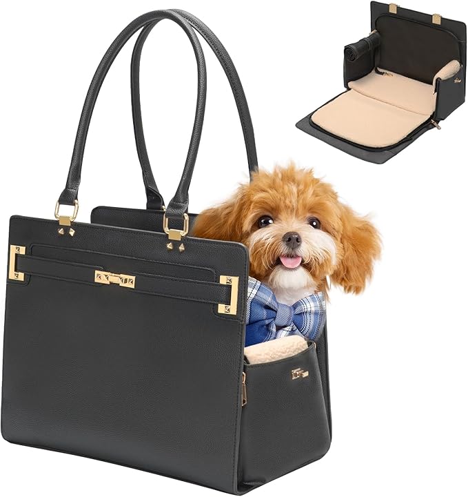 2-in-1 Stylish Dog Purse Carrier Soft-Sided Carriers Travel Tote Bag for Small Dogs Cats, Fashion Foldable Pet Bag for Puppies Small Animals with Pockets (Black, 15" L x 7.5" W x 12.2" H)-PawvioPets