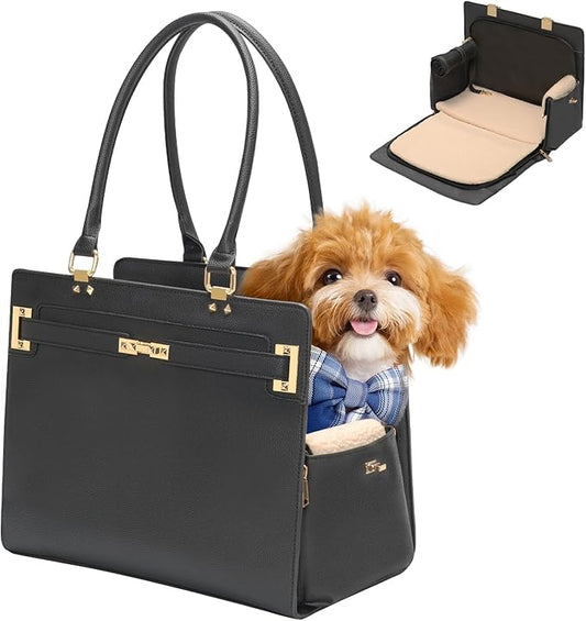 2-in-1 Stylish Dog Purse Carrier Soft-Sided Carriers Travel Tote Bag for Small Dogs Cats, Fashion Foldable Pet Bag for Puppies Small Animals with Pockets (Black, 15" L x 7.5" W x 12.2" H)-PawvioPets