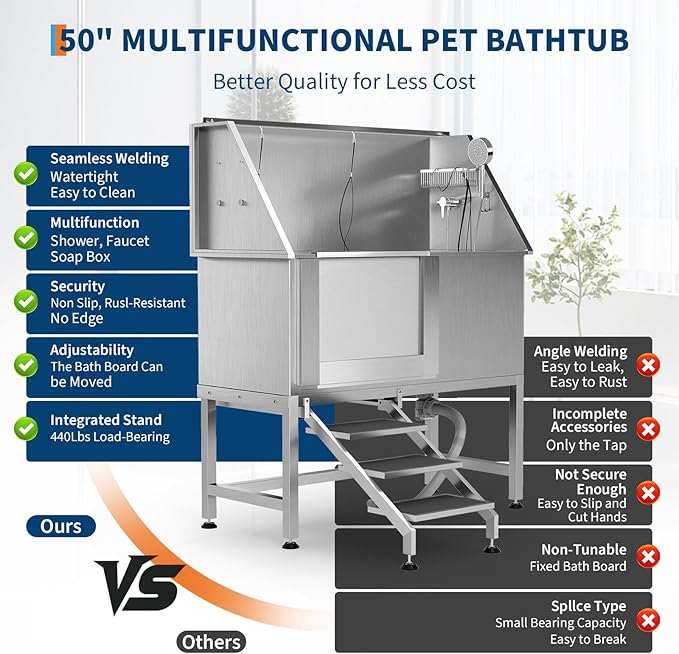 50" Stainless Steel Professional Dog Washing Station - Pet Bathing Tub w/Non-Slip Stairs | Slip-Resistant Floor Grate | for Large/Medium/Small Dogs-PawvioPets