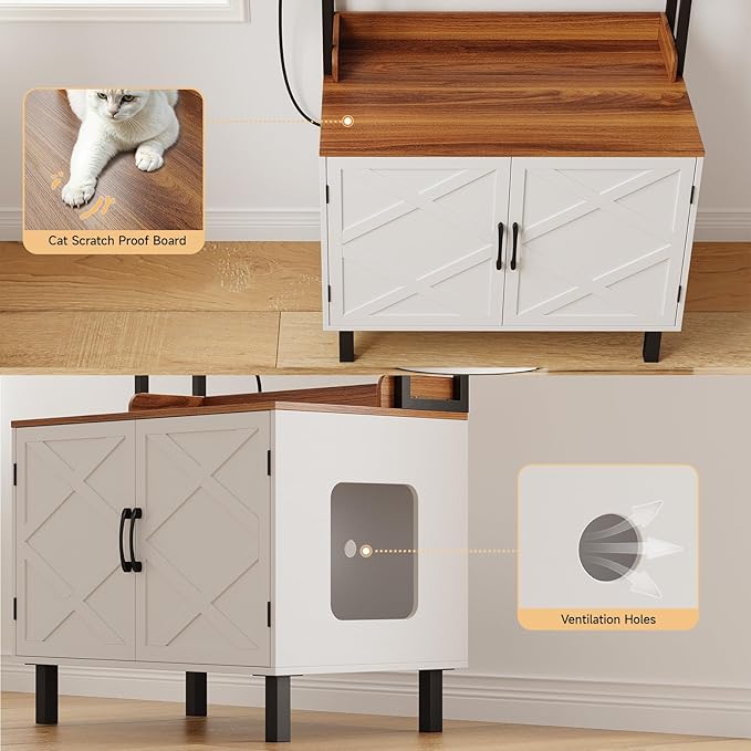 55 Inches Cat Litter Box Enclosure, Hidden Litter Box Furniture with 2 Storage Shelves and Charging Sockets, Wooden Cat House, Large Indoor Cabinet for Living Room & Entryway, White-PawvioPets