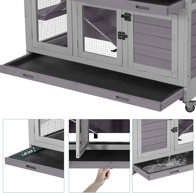 2-Tier Indoor Rabbit Hutch Bunny House Guinea Pig Cage with Sliding Plastic Trays, Wheels & Ramp, 47.2" Multi-Door Wooden Small Animal Cage for Rabbits, Bunnies, and Guinea Pigs (Grey)-PawvioPets