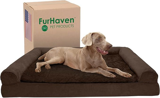 Furhaven Cooling Gel Dog Bed for Large Dogs w/ Removable Bolsters & Washable Cover, For Dogs Up to 125 lbs - Plush & Suede Sofa - Espresso, Jumbo Plus/XXL-PawvioPets
