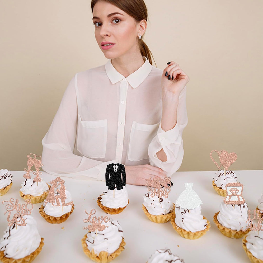 30 Pack Bride to be Cupcake Toppers Glitter Diamond Ring I Do Love Cupcake Picks Miss to Mrs He Asked She Said Yes Bridal Shower Wedding Engagement Bachelorette Cake Decoration Rose Gold