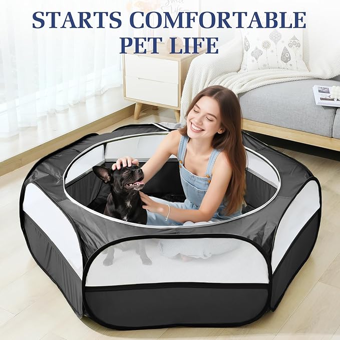 2-in-1 Small Animals Playpen with Pad, Waterproof Small Pet Cage Tent with Reusable Pad, Portable Outdoor Yard Fence with 3 Metal Rod for Chick/Kitten/Puppy/Guinea Pig/Rabbits/Chinchillas, Black-PawvioPets