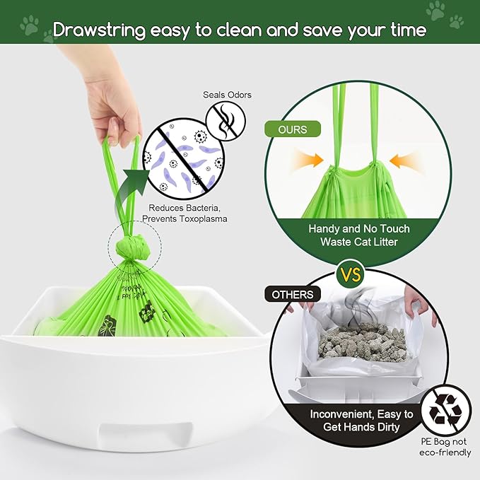 Biodegradable Cat Litter Liner Bags Compatible with LR 3, 4 and Most Self-Cleaning Litter Boxes, 60 Count Kitty Automatic Waste Drawer Liners, Drawstring Pet Compostable Replacement Poop Bags-PawvioPets