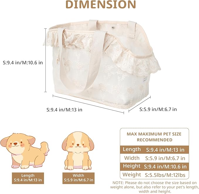 Dog Carrier for Small Dogs Rabbit cat with Lace Design, Cotton Bag, Dog Carrier Soft Sided, Collapsible Travel Puppy Carrier (Beige, 9.4" L x 5.9" W x 9.4" H)-PawvioPets