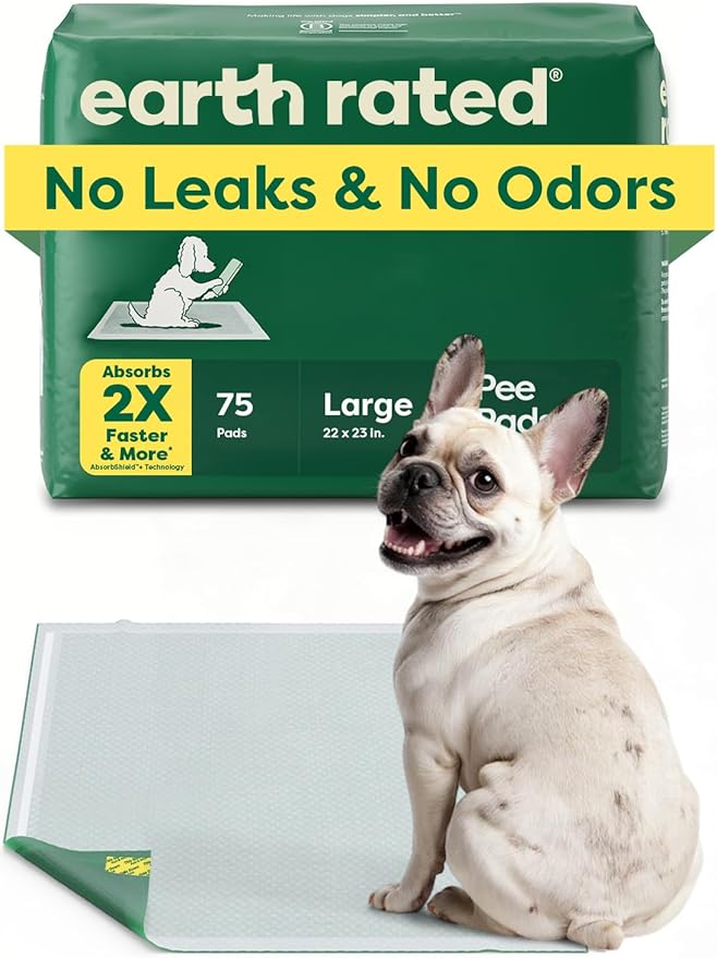 Earth Rated Max Absorbency Puppy Pee Pads for Dogs Absorbs 2X Faster & 2X More, Leak-Proof Odor-Free Potty Training Wee Wee Pad, Unscented, Large, 22” x 23”, 75 Count-PawvioPets