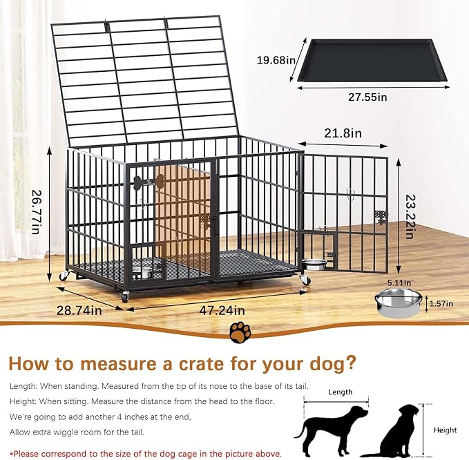 aboxoo 48/42 inch XL Dog Crate for Large Dog/Double Medium Dogs,Heavy Duty Metal Dog Cages,All Metal Open Top,Dog Kennel Indoor with Wheels,Floor Grid, Tray, Divider and Feeding Bowl-PawvioPets