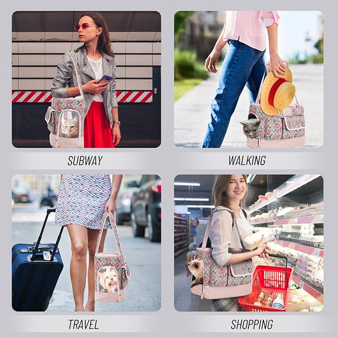 Dog Carrier, Cat Carrier, Pet Carrier, Foldable Waterproof Premium PU Leather Oxford Cloth Dog Purse, Portable Tote Bag Carrier for Small to Medium Cats and Small Dogs (Flower Pattern)-PawvioPets