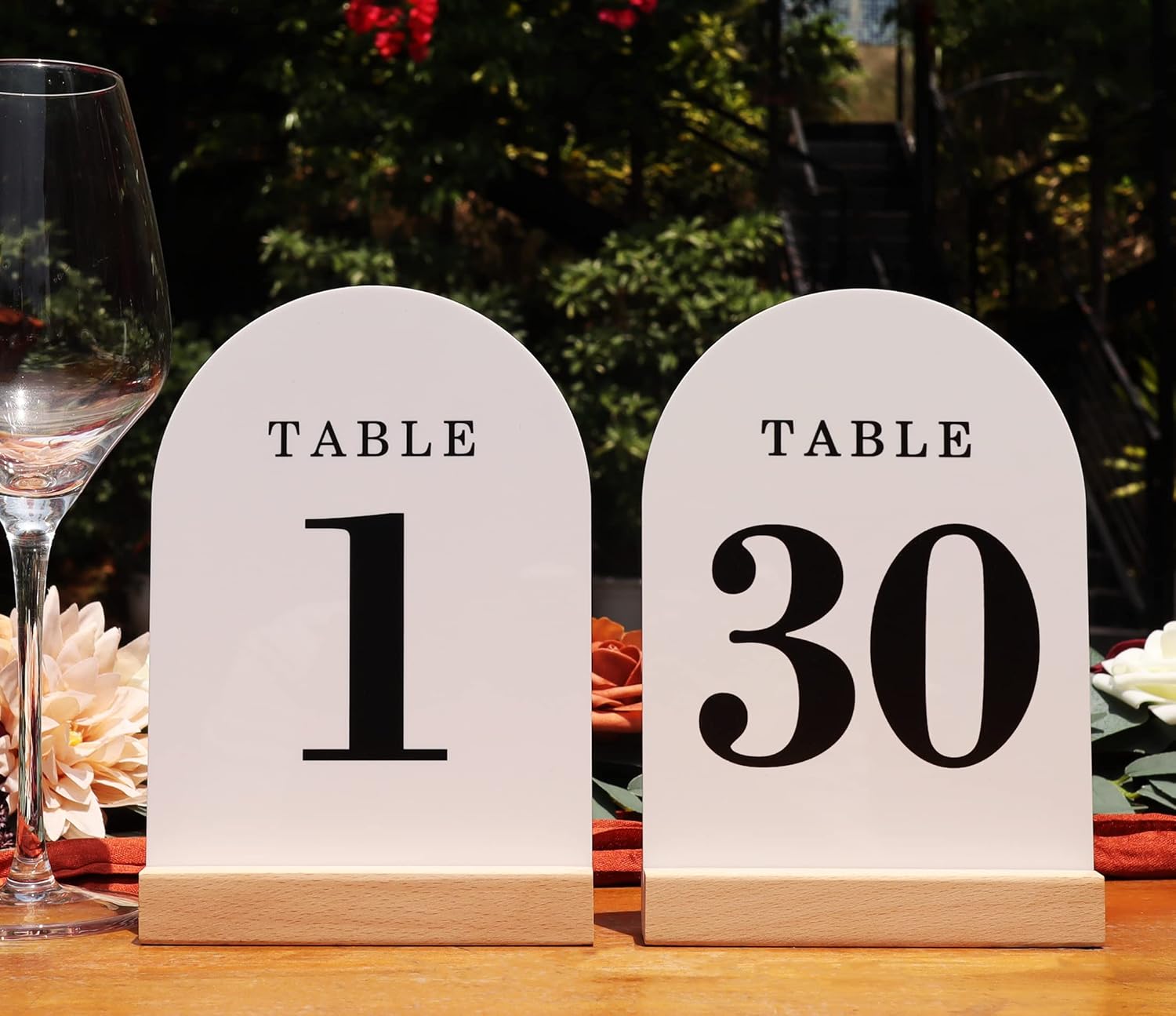 Wedding Table Numbers 1-30, Acrylic Arch Signs with Natural Wood Stands Holders, Rustic Table Decor for Reception & Parties (White Black)