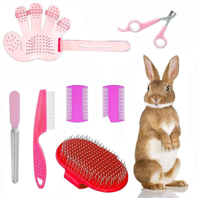 7-Piece Small Pet Grooming Kit: Brush, Nail Clippers, Hair Remover, Shampoo Brush with Hand Strap for Rabbits, Hamsters, Bunnies-PawvioPets