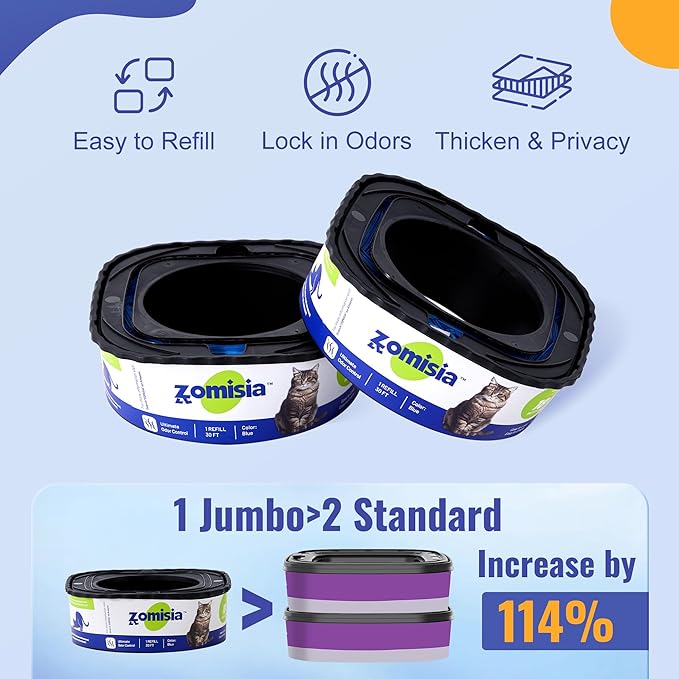 2 Pack Cat Litter Refill Bags, Non-See-Through Jumbo 60FT Cartridge Refill Total Up to 36 Weeks (Over 8 Months) Per Cat for Odor Control, Compatible with Genie Standard, Plus, Style-PawvioPets