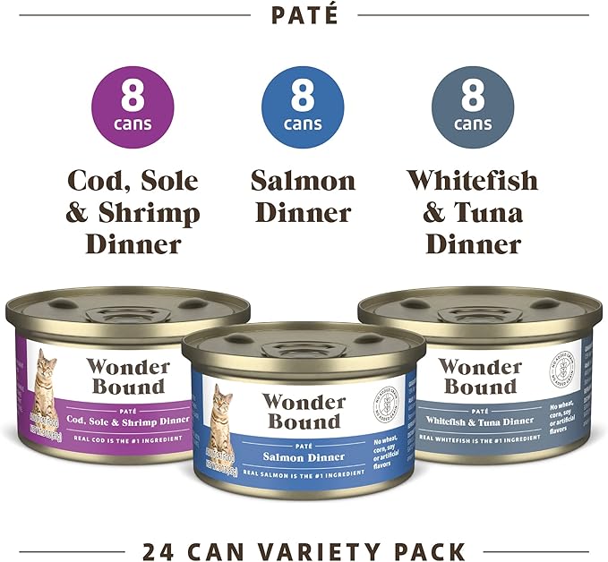 Amazon Brand - Wonder Bound Wet Cat Food, Pate, No Added Grain, Variety Pack (Cod, Sole & Shrimp, Salmon, White Fish & Tuna), 3 ounce (Pack of 24)-PawvioPets