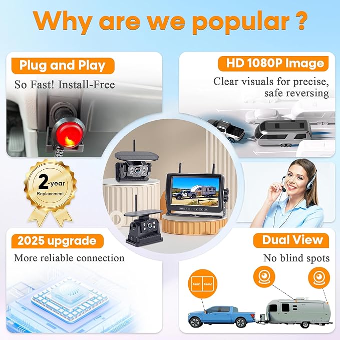 Dual RV Backup Camera Wireless with Magnetic - Recording 1080P HD Solar Rear View Camera Install-Free 7 Inch Touch Button Monitor No-Delay Signal for Truck Trailer YWD-902-PawvioPets