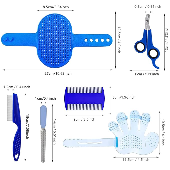 7-Piece Small Pet Grooming Kit with Brush, Nail Clippers, and Adjustable Strap for Rabbits, Hamsters, Guinea Pigs (Blue)-PawvioPets