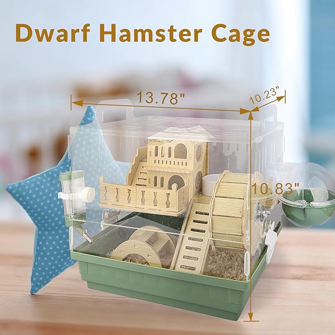 Cycodo 8 in 1 Acrylic Hamster Cage,2-Tier Dwarf Hamster Cage with Wooden Wheel & Hideout,Small Hamster Habitat with Accessories,Clear Pet Mice House(Green,14" L*10" W*11" H)-PawvioPets