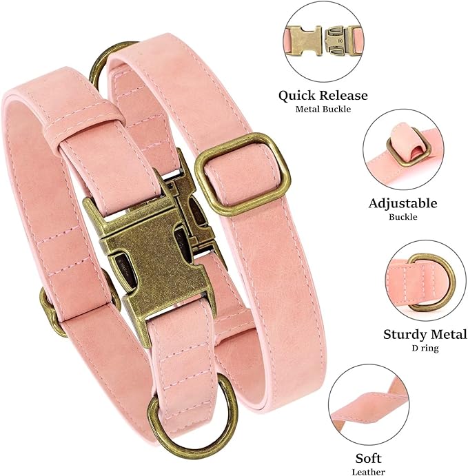 Didog Soft PU Leather Dog Collar, Stylish Quick Released Dog Collar for Large Dogs, Easy Clean Adjustable Pet Collar for Daily Walking, Pink, L Fit 15-23" Neck-PawvioPets