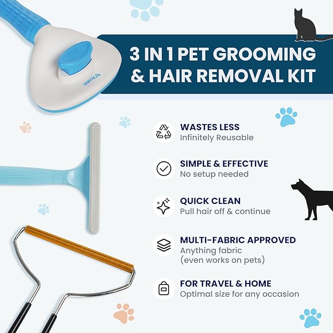 3 in 1 Analan Cat Brush Pet Hair Remover for Dog & Cat, Self-Cleaning Slicker Brush for Pet Grooming, Perfect Pet Hair Removal Tool for Furniture Carpets Couches and Bedding (Sky Blue)-PawvioPets