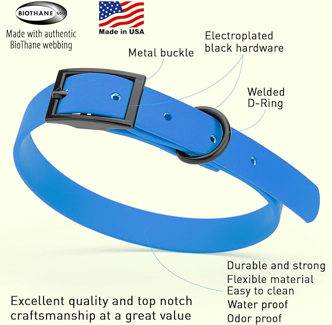 Dogline Biothane Waterproof Dog Collar Strong Coated Nylon Webbing with Black Hardware Odor- Proof for Easy Care Easy to Clean High Performance Fits Small Medium or Large Dogs, Cerulean Blue-PawvioPets