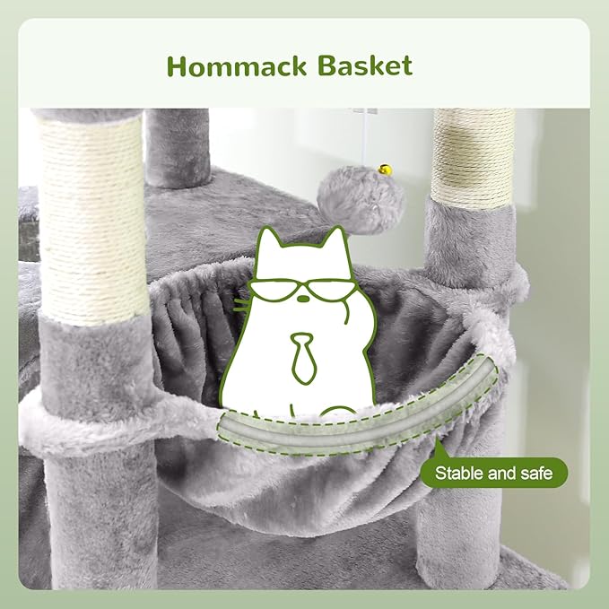 Globlazer Heavy Duty Cat Trees for Large Cats, Sturdy 72in Maine Coon Cat Tree for Large Cats 20 lbs+ Heavy Duty Cat Tower for Adult Biggest Cat with 6 Scratching Posts, Hammock, S72, Light Grey-PawvioPets