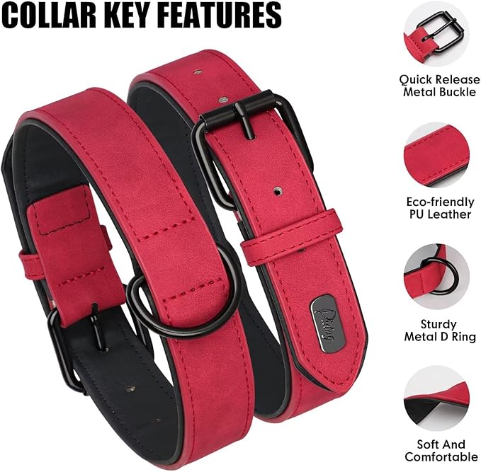 Didog Soft Padded PU Leather Dog Collar, Breathable and Adjustable Red Dog Collars for Medium Dogs, Comfortable for Daily Walk, Red, L Fit Neck 13-17"(22-44 lbs)-PawvioPets