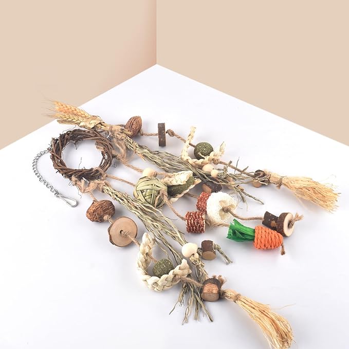 Bissap Bunny Chew Toy, Rabbits Cage Hanging Chew Toys and Treats Rattan Ring with Snacks Water Grass Wooden Block Carrot for Guinea Pigs Chinchillas Hamsters Rats and Other Small Pets Teeth Grinding-PawvioPets