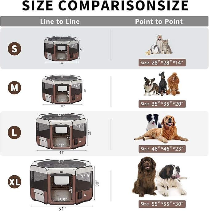 DONORO Dog Playpen 46" Portable Pet Play Pens for Small Medium Dogs, Foldable Exercise Kennel Tent Crate Indoor/Outdoor Travel Camping, Removable Top/Bottom (Brown, Large (46"x46"x23"), 8)-PawvioPets