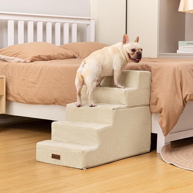 Dog Stairs for High Bed 22.6" H,5-Step Dog Steps for Small Dogs and Cats,Indoor Non-Slip Balanced Pet Stairs are Suitable for Puppy,Older Cat,Beige-PawvioPets